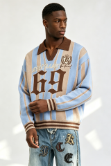 Custom Retro Striped Polo Collar Knit Sweater | Men Gothic Number 69 Crest Embroidered Oversized Streetwear Jumper