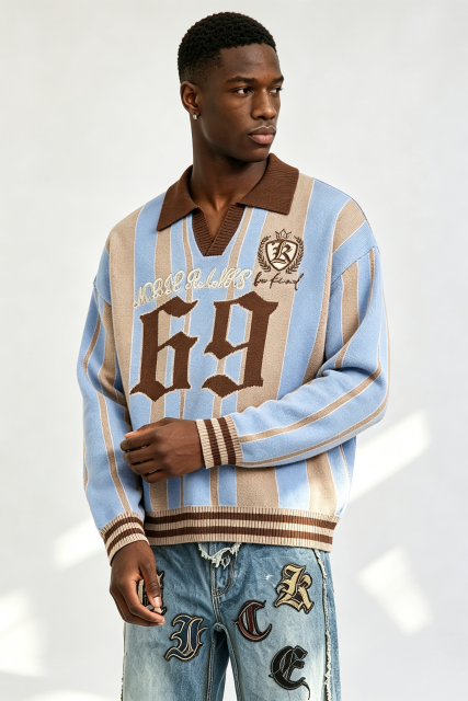 Custom Retro Striped Polo Collar Knit Sweater | Men Gothic Number 69 Crest Embroidered Oversized Streetwear Jumper