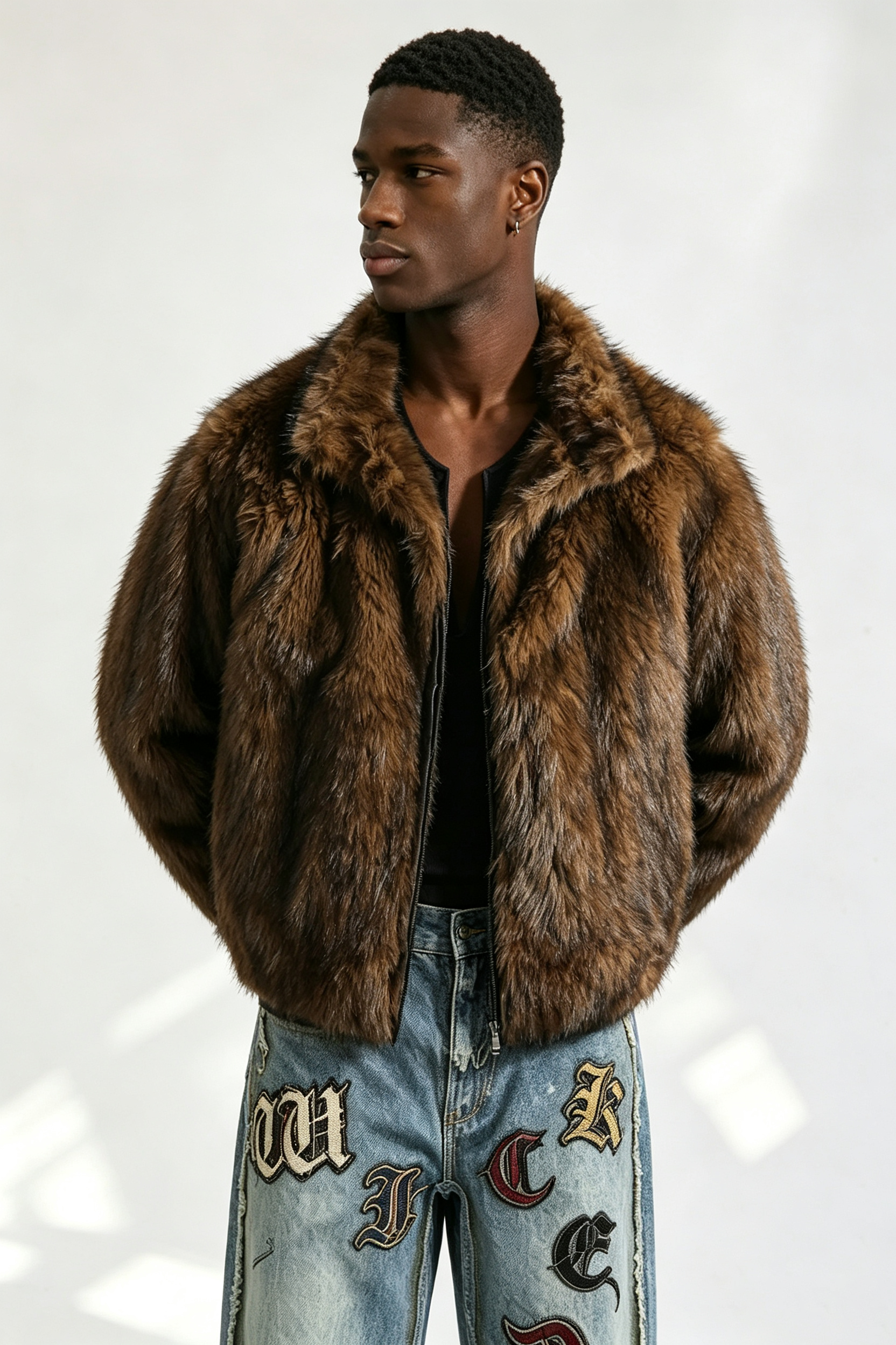 Custom Brown Gradient Faux Fur Lapel Jacket | Men Cropped Boxy Oversized Luxe Streetwear Outerwear