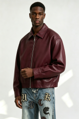 Custom Burgundy Plain Faux Leather Cropped Collar Zip Jacket | Men Oversized Boxy Retro Streetwear Bomber