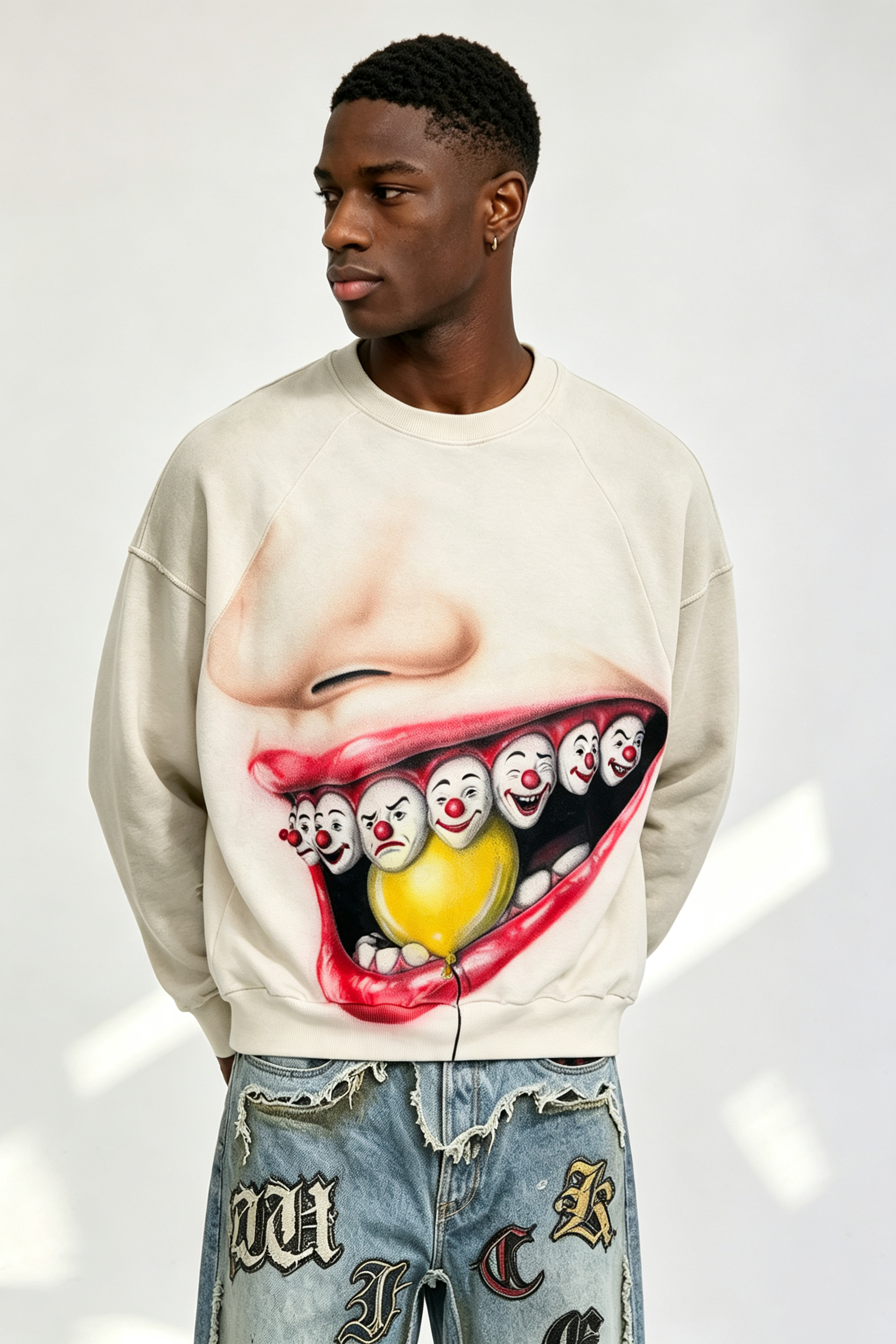Custom Off White Crewneck Sweatshirt | Men Oversized Cropped Raglan Sleeve Clown Mouth Graphic Print Streetwear Jumper