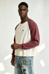 Custom Burgundy Off White Waffle Raglan Long Sleeve Tee | Men Cropped Boxy Vintage Embroidered Streetwear Top