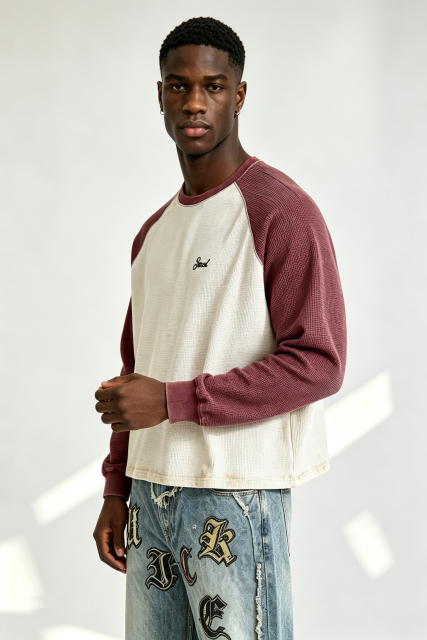 Custom Burgundy Off White Waffle Raglan Long Sleeve Tee | Men Cropped Boxy Vintage Embroidered Streetwear Top