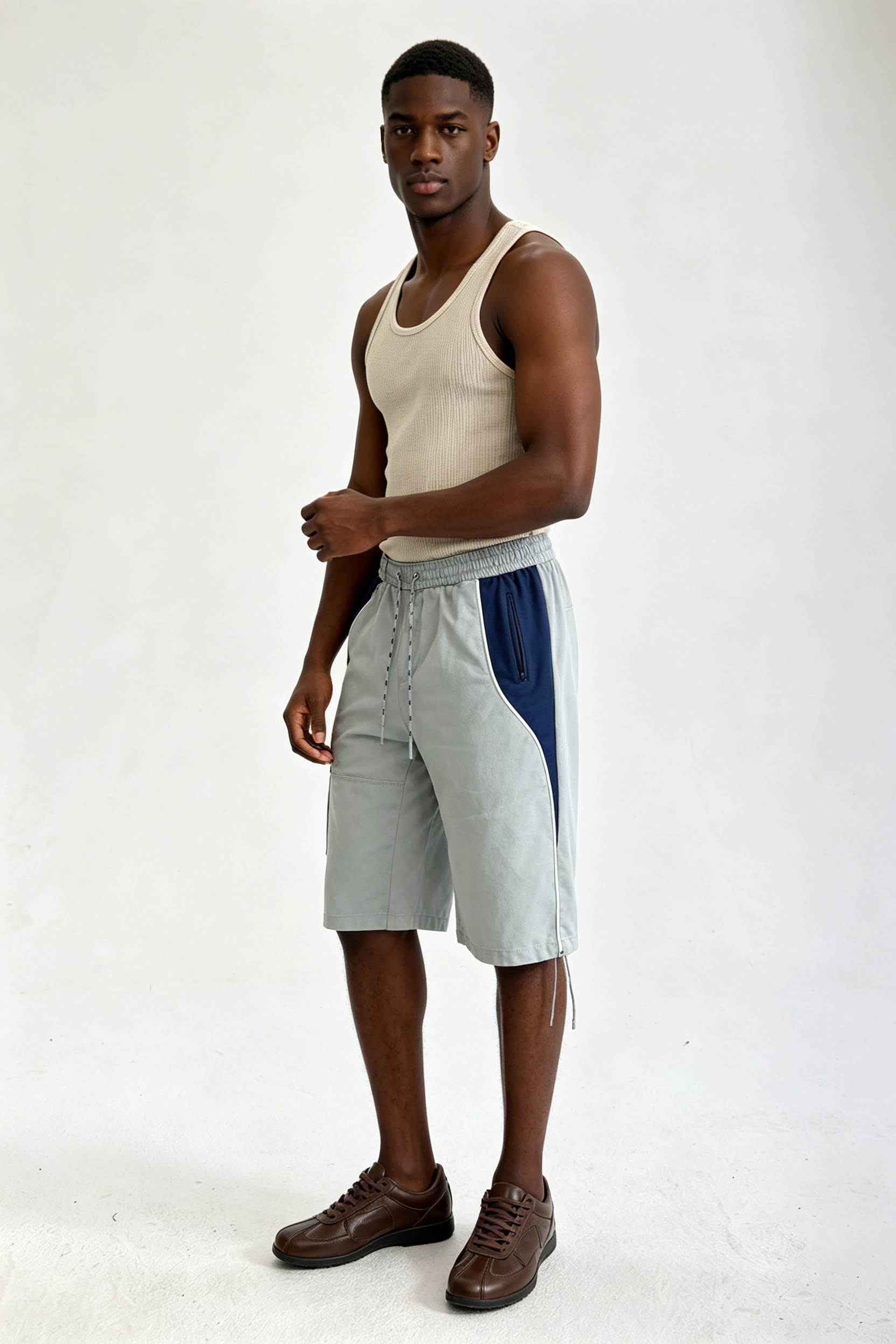 Custom Grey Navy Color Block Side Panel Drawstring Knee Length Shorts | Men Relaxed Wide Leg Streetwear Sports Shorts