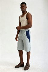 Custom Grey Navy Color Block Side Panel Drawstring Knee Length Shorts | Men Relaxed Wide Leg Streetwear Sports Shorts