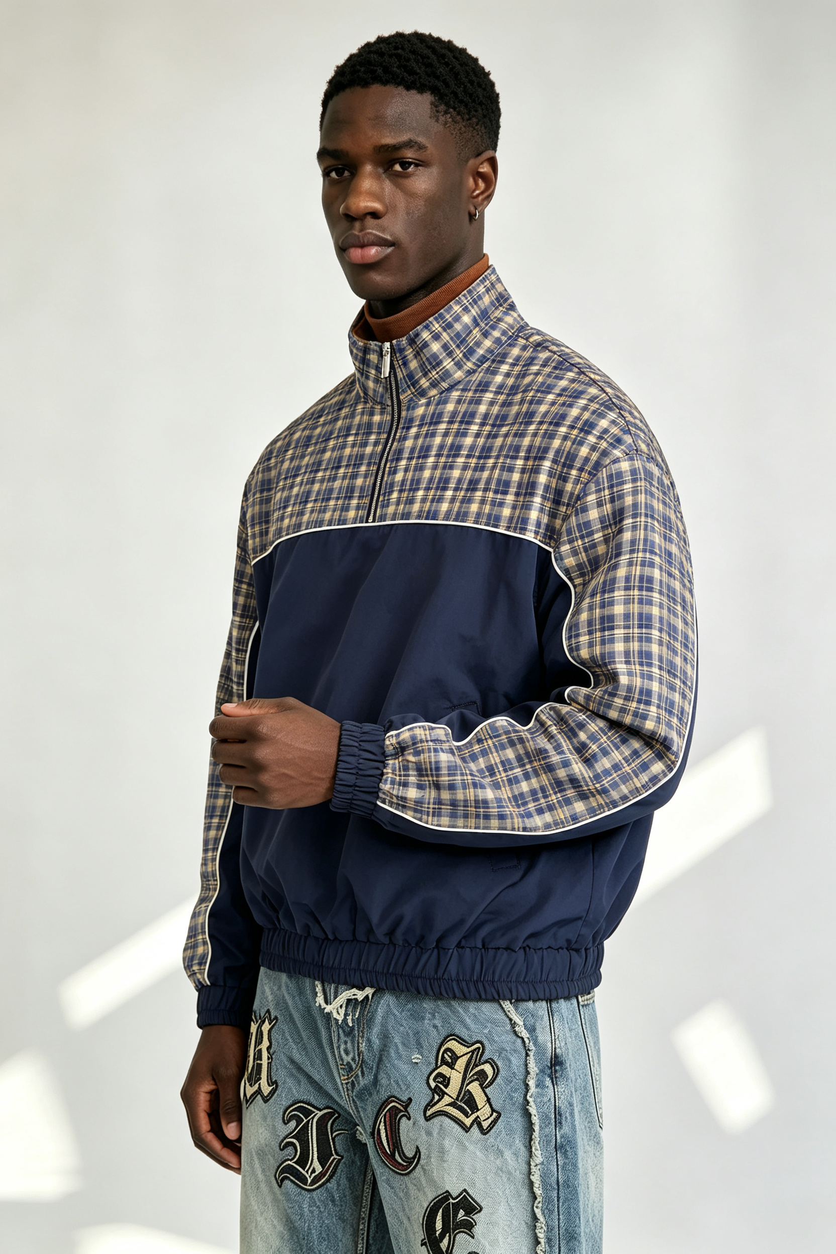 Custom Navy Blue Yellow Plaid Panel Half Zip Windbreaker Jacket | Men Retro Stand Collar Oversized Streetwear Pullover