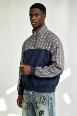 Custom Navy Blue Yellow Plaid Panel Half Zip Windbreaker Jacket | Men Retro Stand Collar Oversized Streetwear Pullover