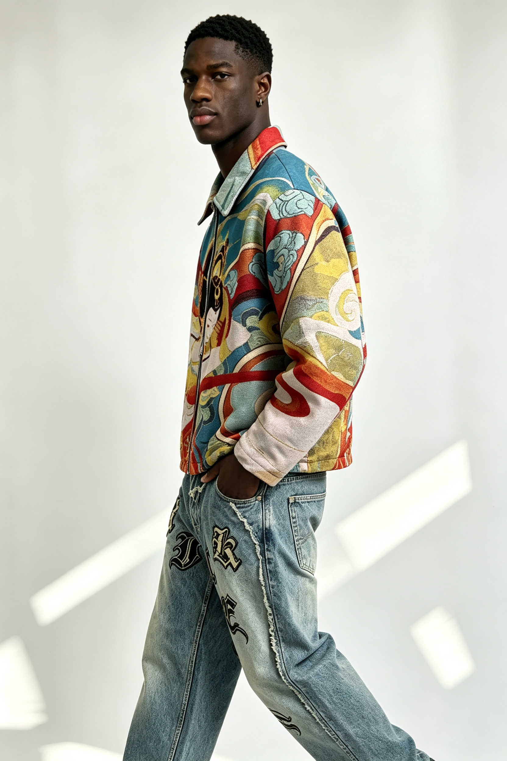 Custom Dunhuang Flying Apsaras Tapestry Jacquard Zip Jacket | Men Full Graphic Woven Art Streetwear Collared Jacket