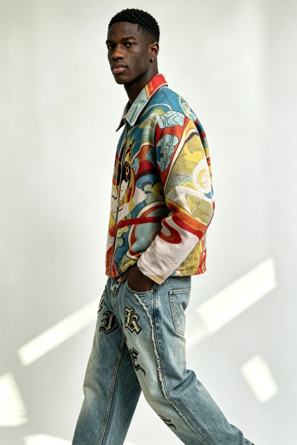 Custom Dunhuang Flying Apsaras Tapestry Jacquard Zip Jacket | Men Full Graphic Woven Art Streetwear Collared Jacket
