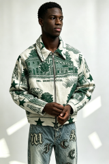 Custom El Monte Motel Green Scenic Tapestry Jacquard Zip Jacket | Men Vintage Townscape Woven Graphic Collared Streetwear Jacket