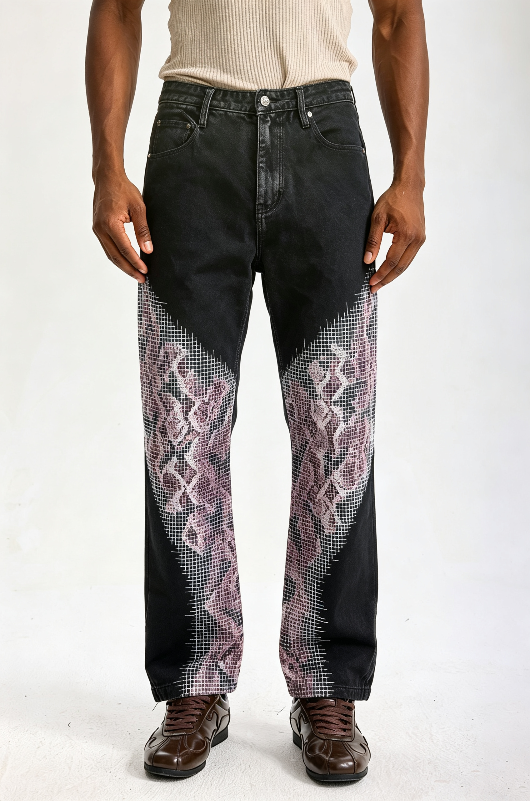 Custom Black Flare Jeans with Pixel Gradient Snake Print | Men Retro Wide Leg Streetwear Graphic Denim Pants