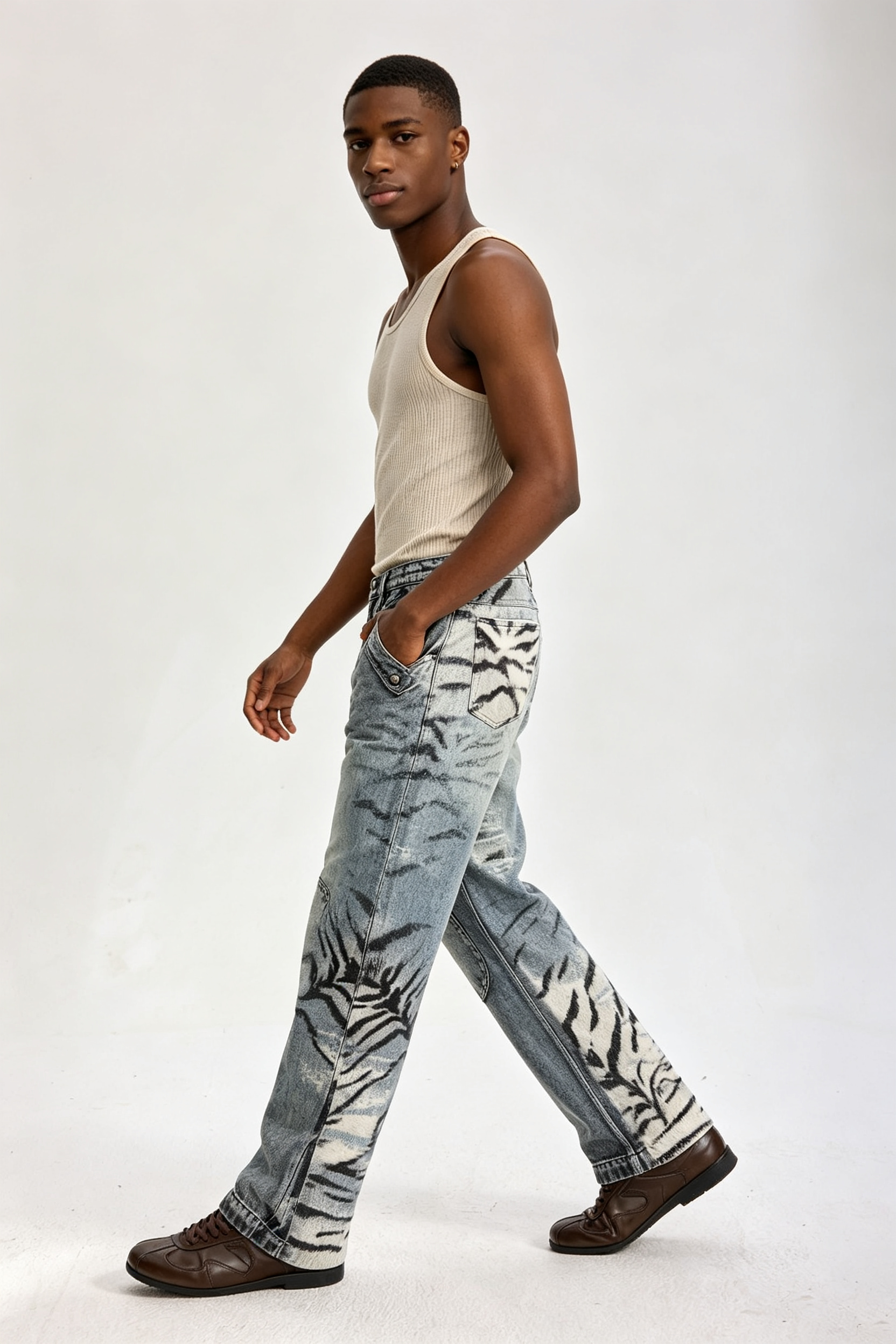 Custom Acid Wash Ink Mountain Landscape Print Wide Leg Jeans | Men Faded Vintage Streetwear Denim Pants