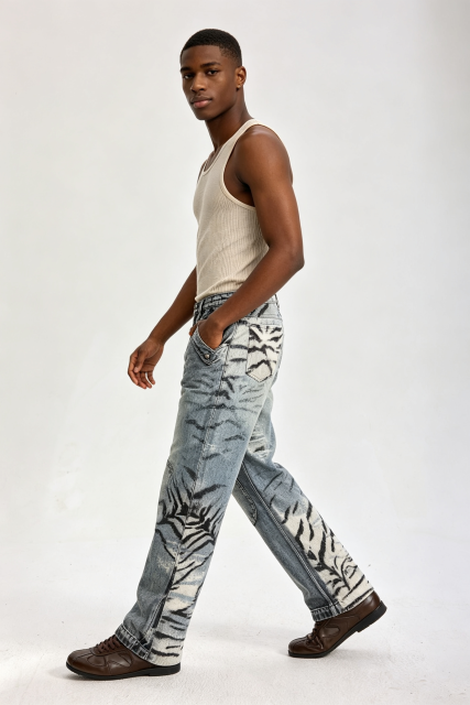 Custom Acid Wash Ink Mountain Landscape Print Wide Leg Jeans | Men Faded Vintage Streetwear Denim Pants
