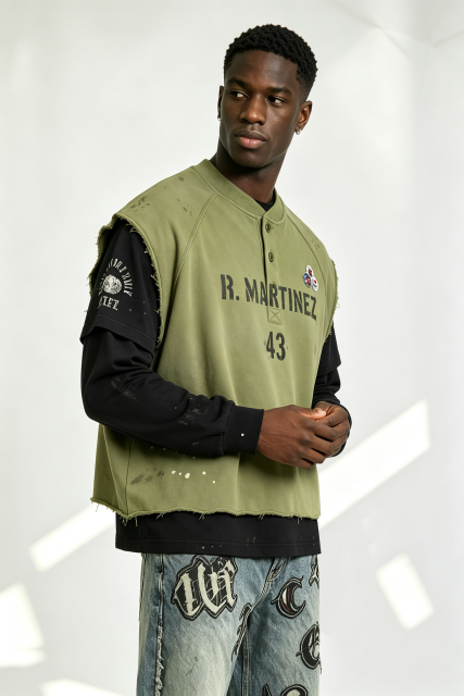 Custom R. Martinez 43 Layered Look Paint Splatter Henley Vest Over Long Sleeve Tee | Men Distressed Streetwear 2-in-1 Top