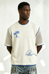Custom Off-White Palm Tree Wave Embroidery Mesh Sleeve Knit Sweater | Men Boxy Oversized Coastal Short Sleeve Top