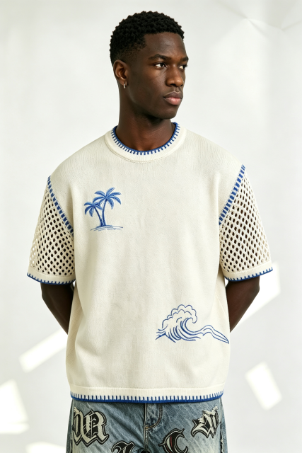 Custom Off-White Palm Tree Wave Embroidery Mesh Sleeve Knit Sweater | Men Boxy Oversized Coastal Short Sleeve Top