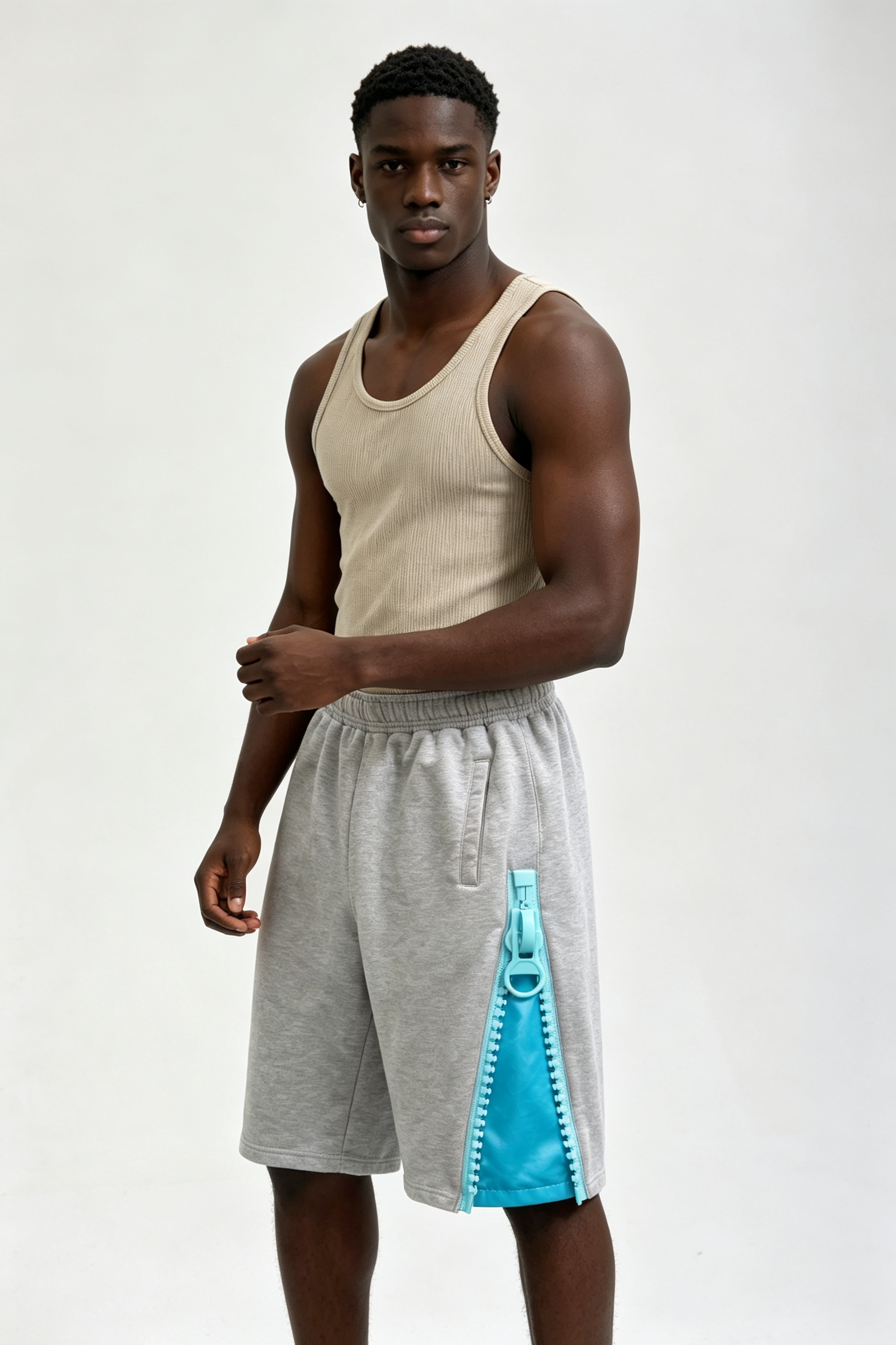 Custom Heather Grey Side Zip Contrast Liner Sweat Shorts | Men Oversized Streetwear Knee Length French Terry Shorts