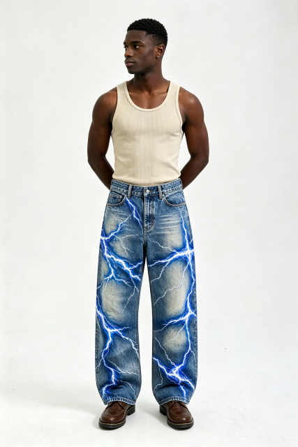 Custom Vintage Washed Blue Lightning Graphic Print Baggy Wide Leg Jeans | Men Y2K Streetwear Denim Pants