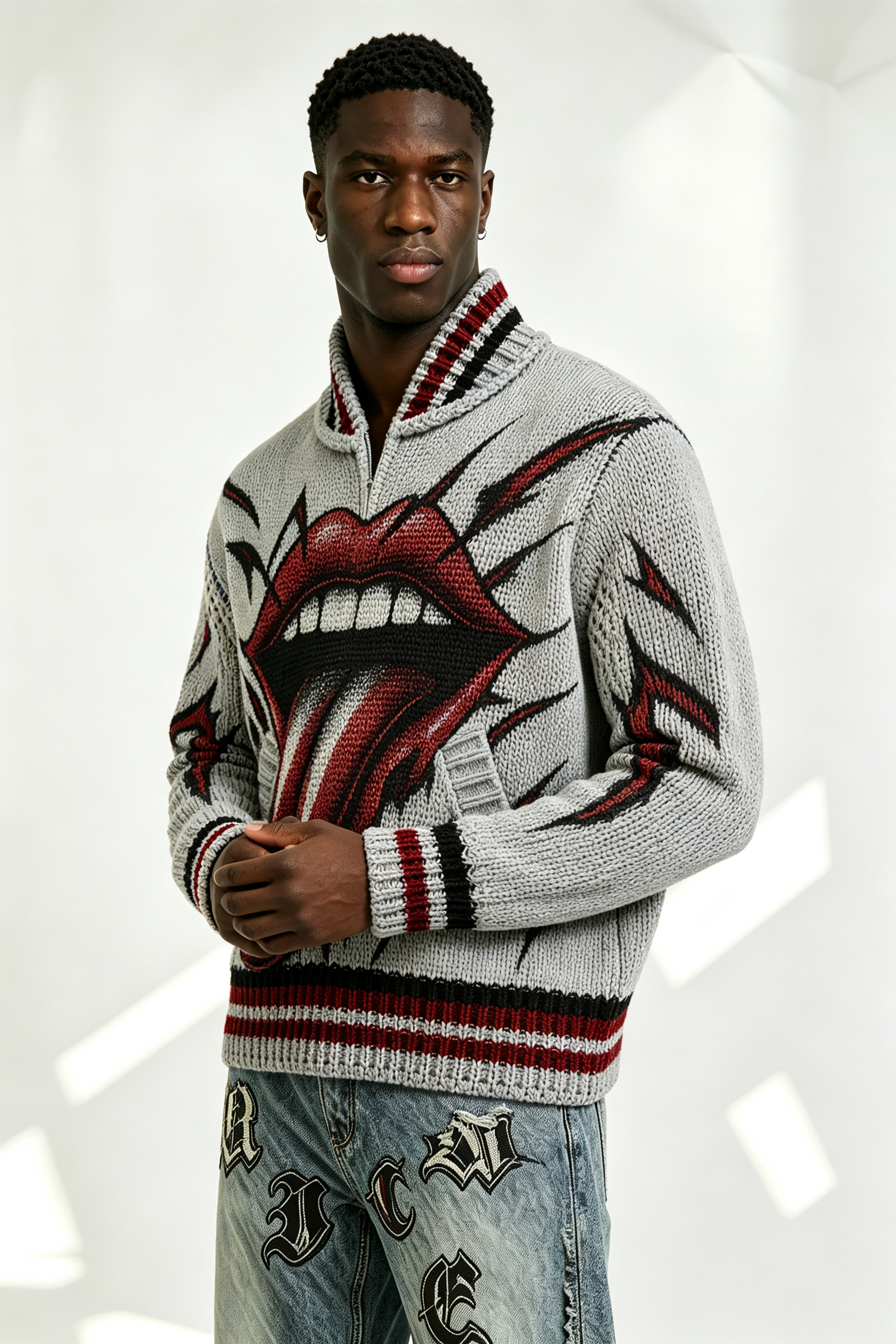 Custom Grey Chunky Knit Half Zip Sweater with Big Mouth Tongue Jacquard | Men Retro Punk Streetwear Pullover