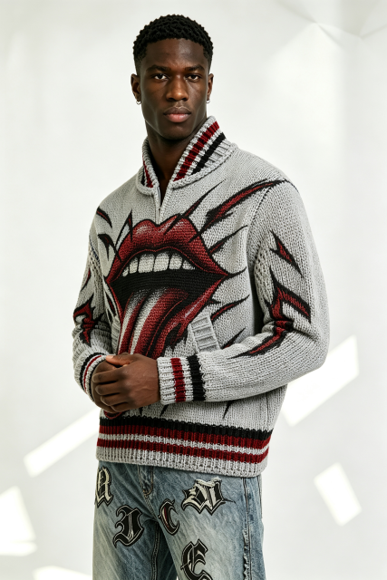 Custom Grey Chunky Knit Half Zip Sweater with Big Mouth Tongue Jacquard | Men Retro Punk Streetwear Pullover