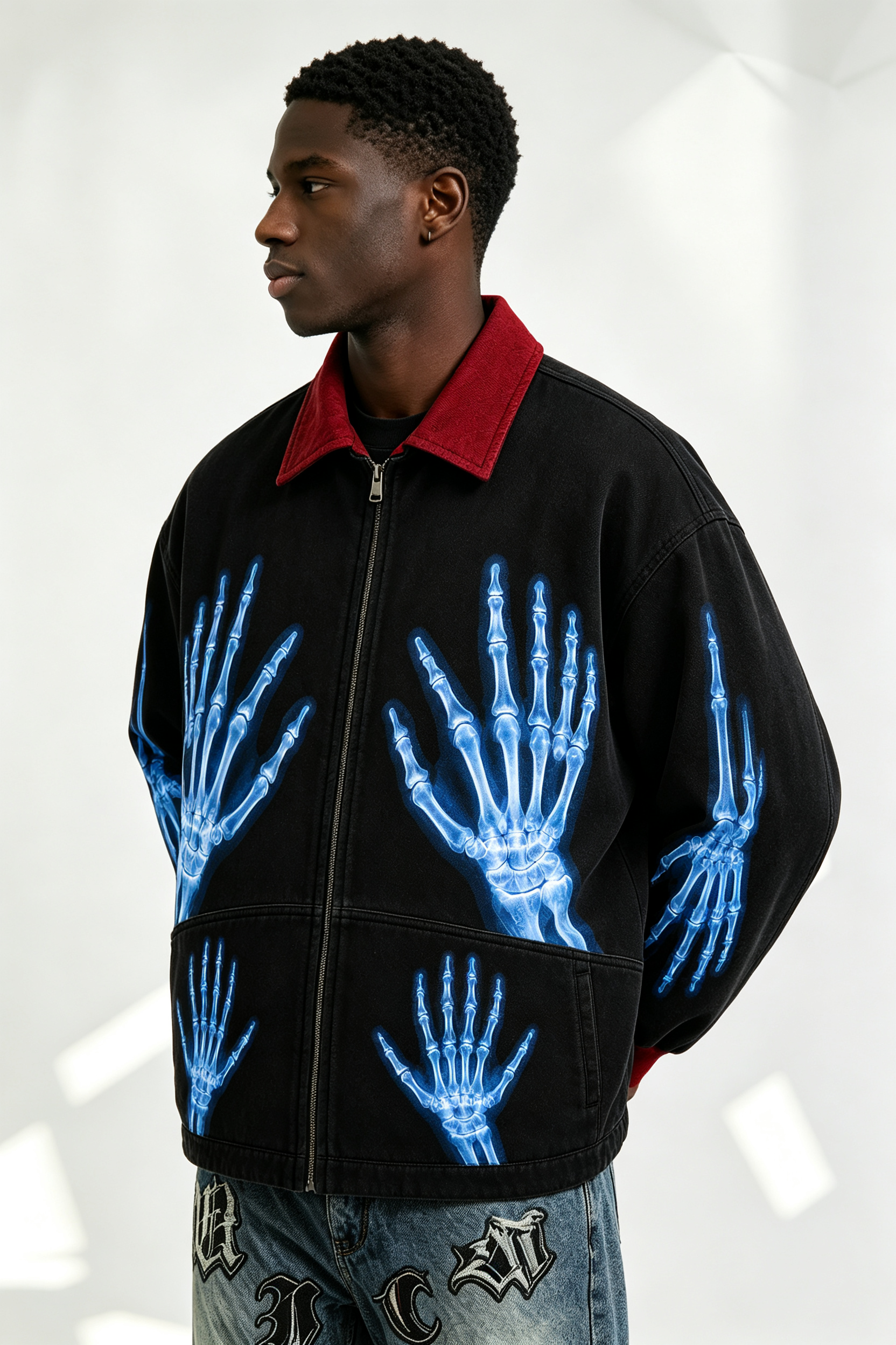 Custom Black Work Jacket with Red Contrast Collar & Blue X-Ray Skeleton Hand Print | Men Gothic Streetwear Zip Canvas Jacket