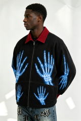 Custom Black Work Jacket with Red Contrast Collar & Blue X-Ray Skeleton Hand Print | Men Gothic Streetwear Zip Canvas Jacket
