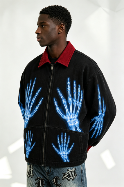 Custom Black Work Jacket with Red Contrast Collar & Blue X-Ray Skeleton Hand Print | Men Gothic Streetwear Zip Canvas Jacket