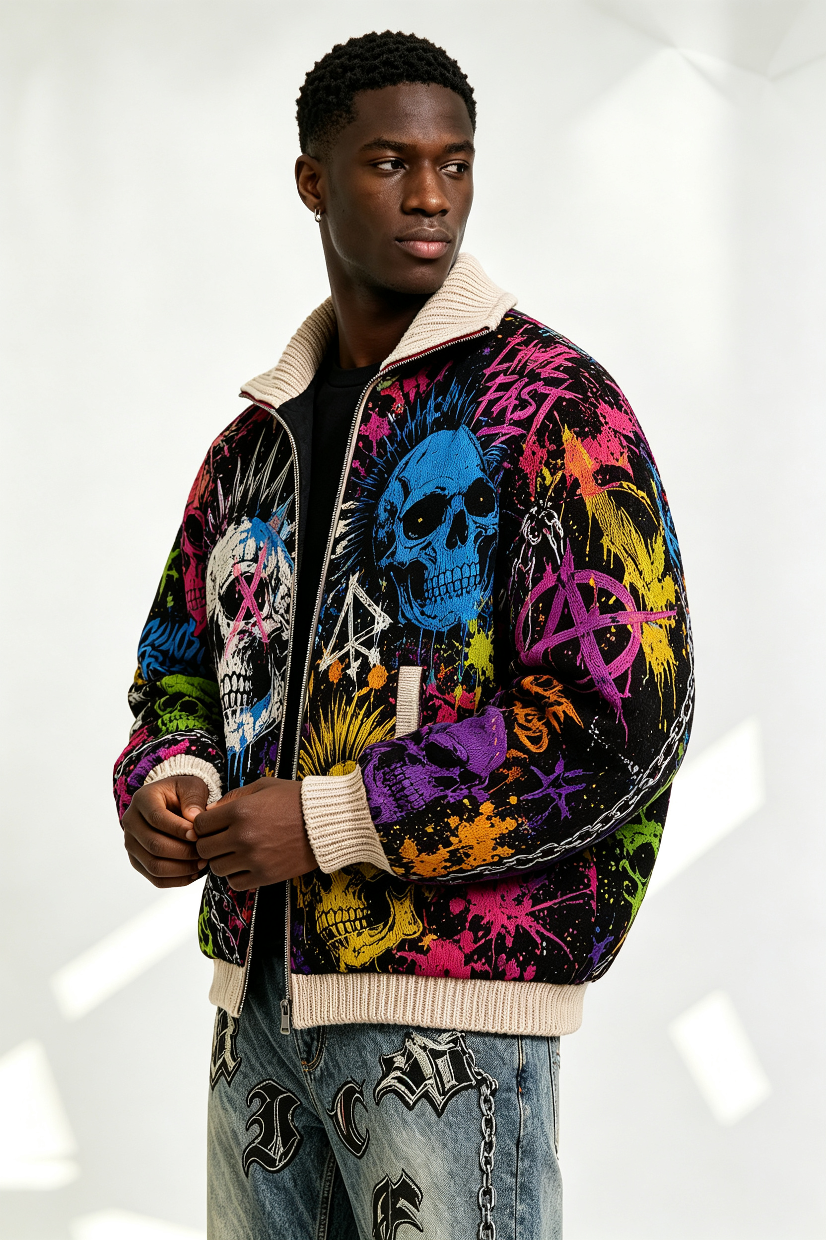 Custom Multicolor Skull Graffiti Tapestry Jacquard Zip Bomber Jacket | Men Punk "Chaos Crew" Streetwear Outerwear