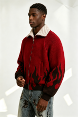 Custom Red Full Zip Knit Jacket with Black Flame Jacquard | Men Y2K Streetwear Boxy Knitted Outerwear