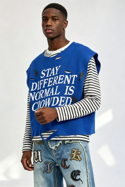Custom "Stay Different" Pixel Slogan Distressed Layered Look Long‑Sleeve Tee | Men Oversized Fake‑2‑Piece Streetwear Top