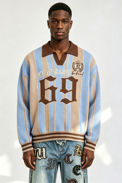 Custom Retro Striped Polo Collar Knit Sweater | Men Gothic Number 69 Crest Embroidered Oversized Streetwear Jumper