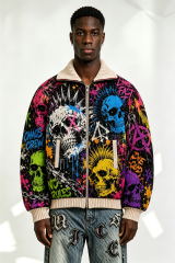 Custom Multicolor Skull Graffiti Tapestry Jacquard Zip Bomber Jacket | Men Punk "Chaos Crew" Streetwear Outerwear