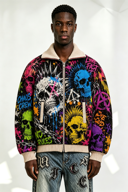 Custom Multicolor Skull Graffiti Tapestry Jacquard Zip Bomber Jacket | Men Punk "Chaos Crew" Streetwear Outerwear