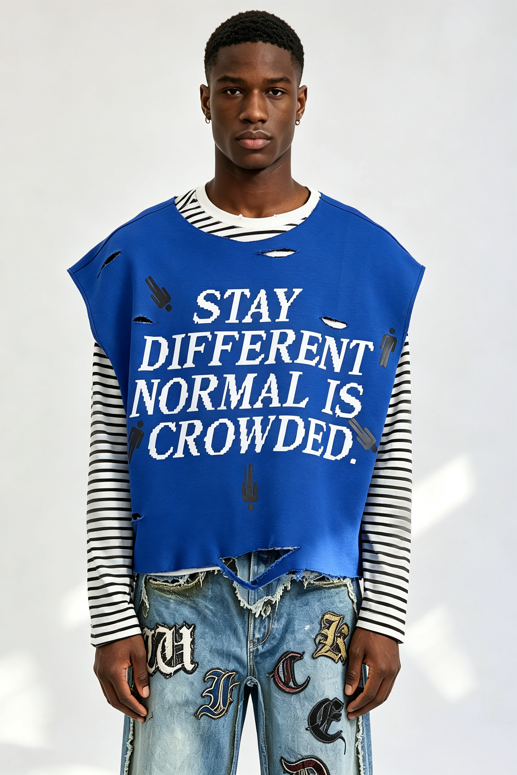 Custom "Stay Different" Pixel Slogan Distressed Layered Look Long‑Sleeve Tee | Men Oversized Fake‑2‑Piece Streetwear Top