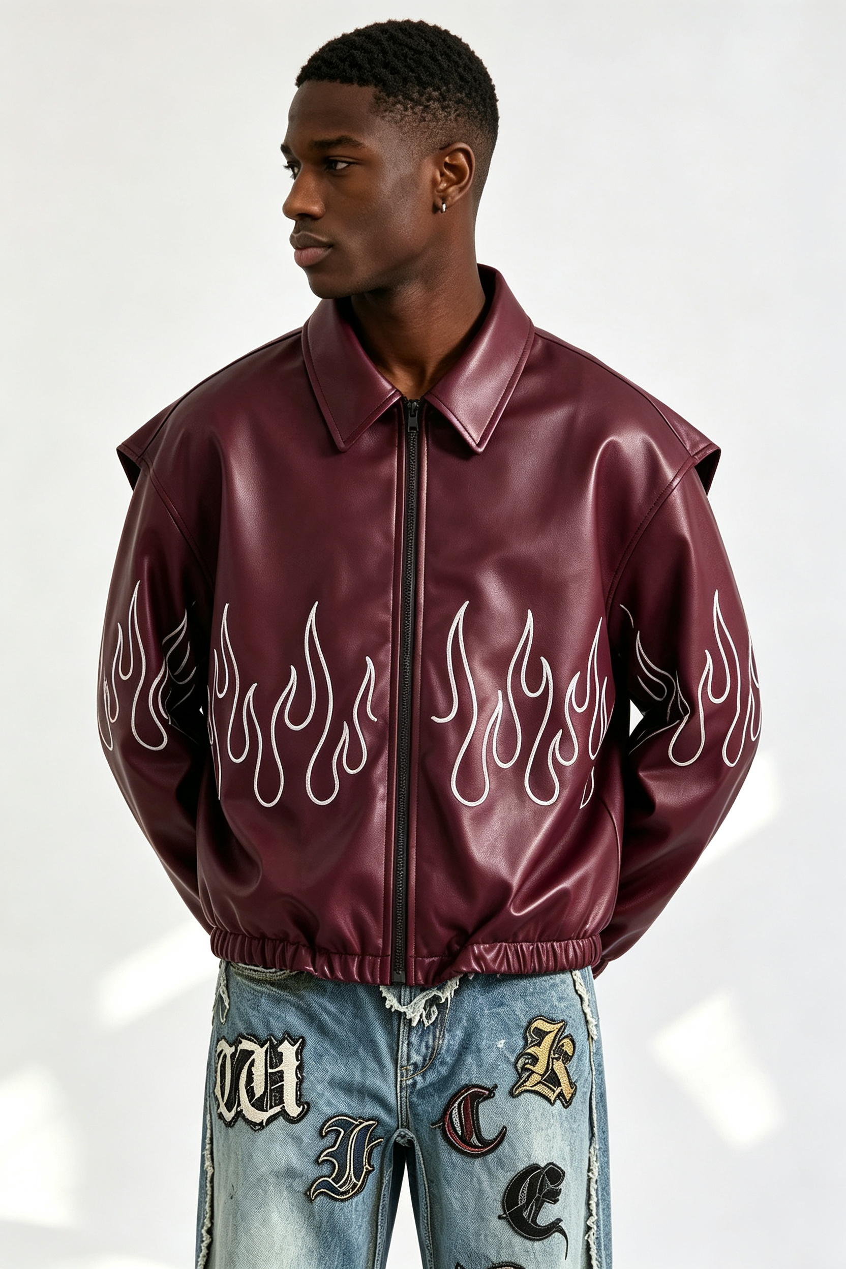 Custom Burgundy Faux Leather Flame Outline Embroidered Zip Jacket | Men Oversized Cropped Streetwear Bomber