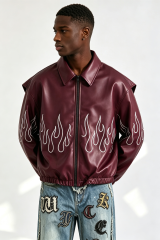 Custom Burgundy Faux Leather Flame Outline Embroidered Zip Jacket | Men Oversized Cropped Streetwear Bomber