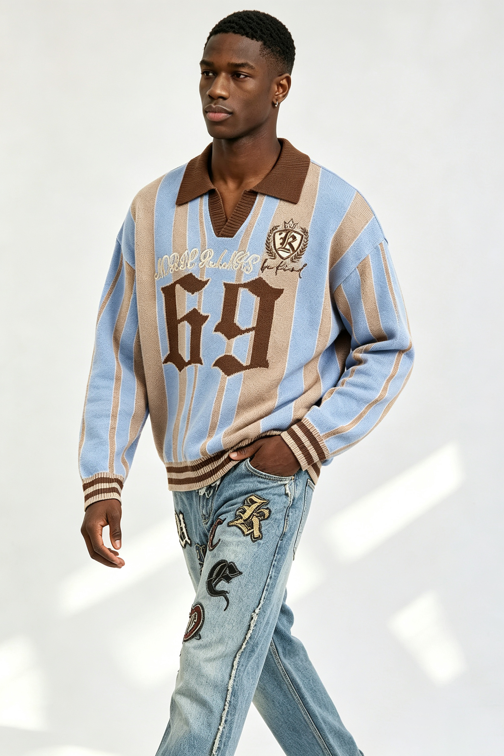 Custom Retro Striped Polo Collar Knit Sweater | Men Gothic Number 69 Crest Embroidered Oversized Streetwear Jumper