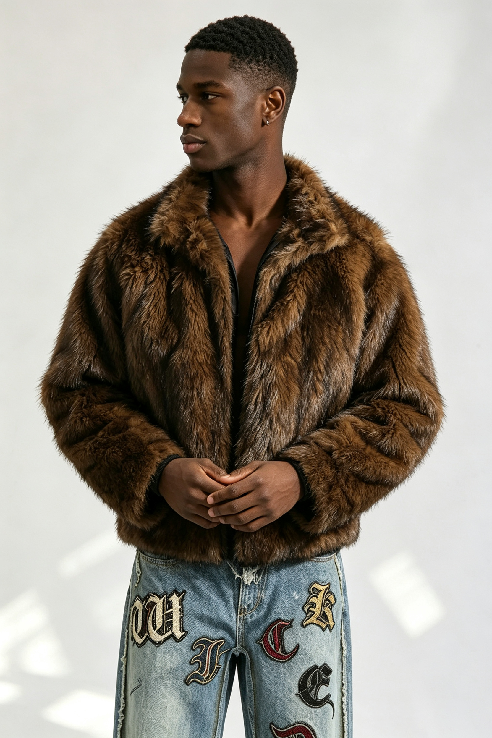 Custom Brown Gradient Faux Fur Lapel Jacket | Men Cropped Boxy Oversized Luxe Streetwear Outerwear