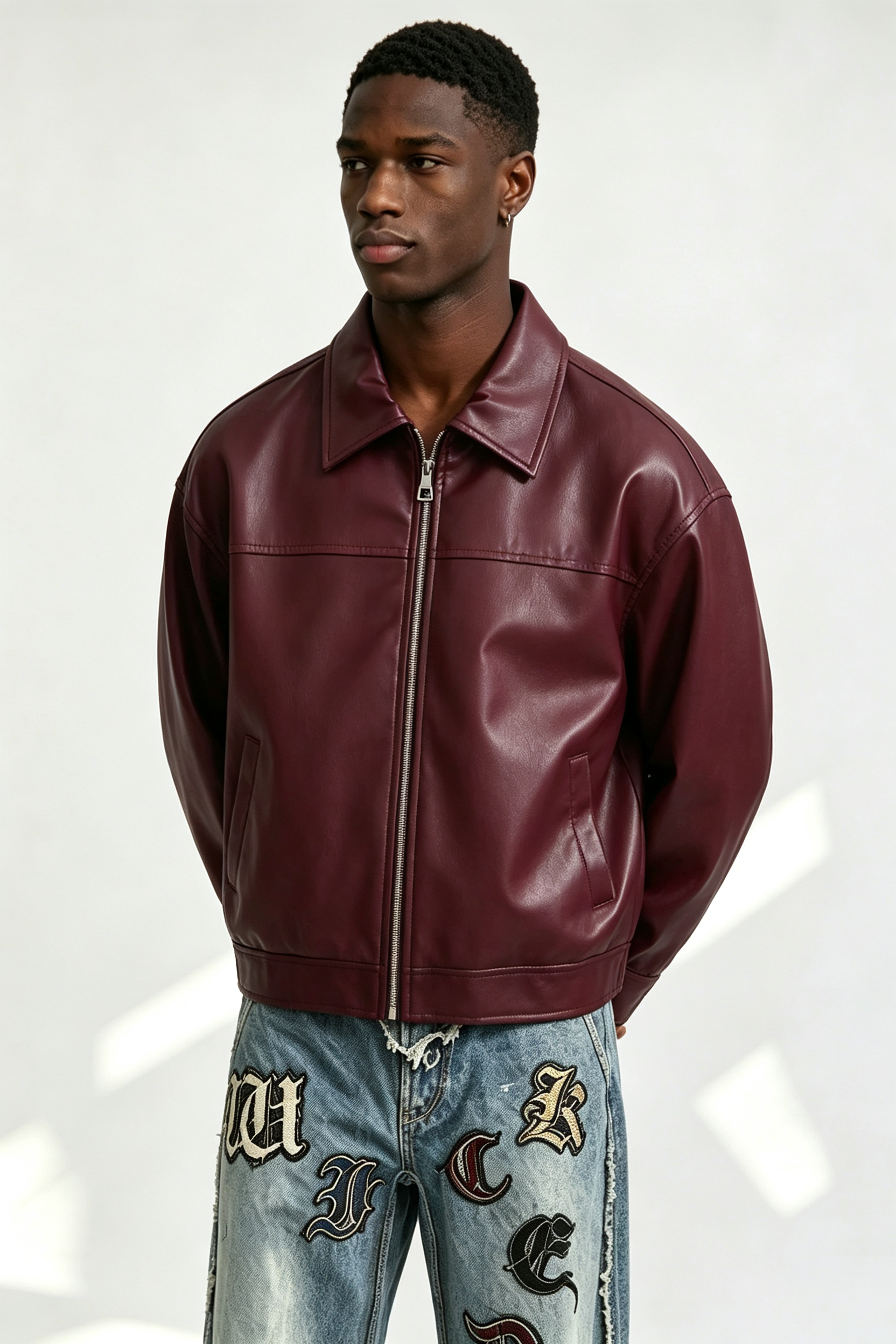 Custom Burgundy Plain Faux Leather Cropped Collar Zip Jacket | Men Oversized Boxy Retro Streetwear Bomber