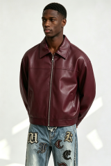 Custom Burgundy Plain Faux Leather Cropped Collar Zip Jacket | Men Oversized Boxy Retro Streetwear Bomber