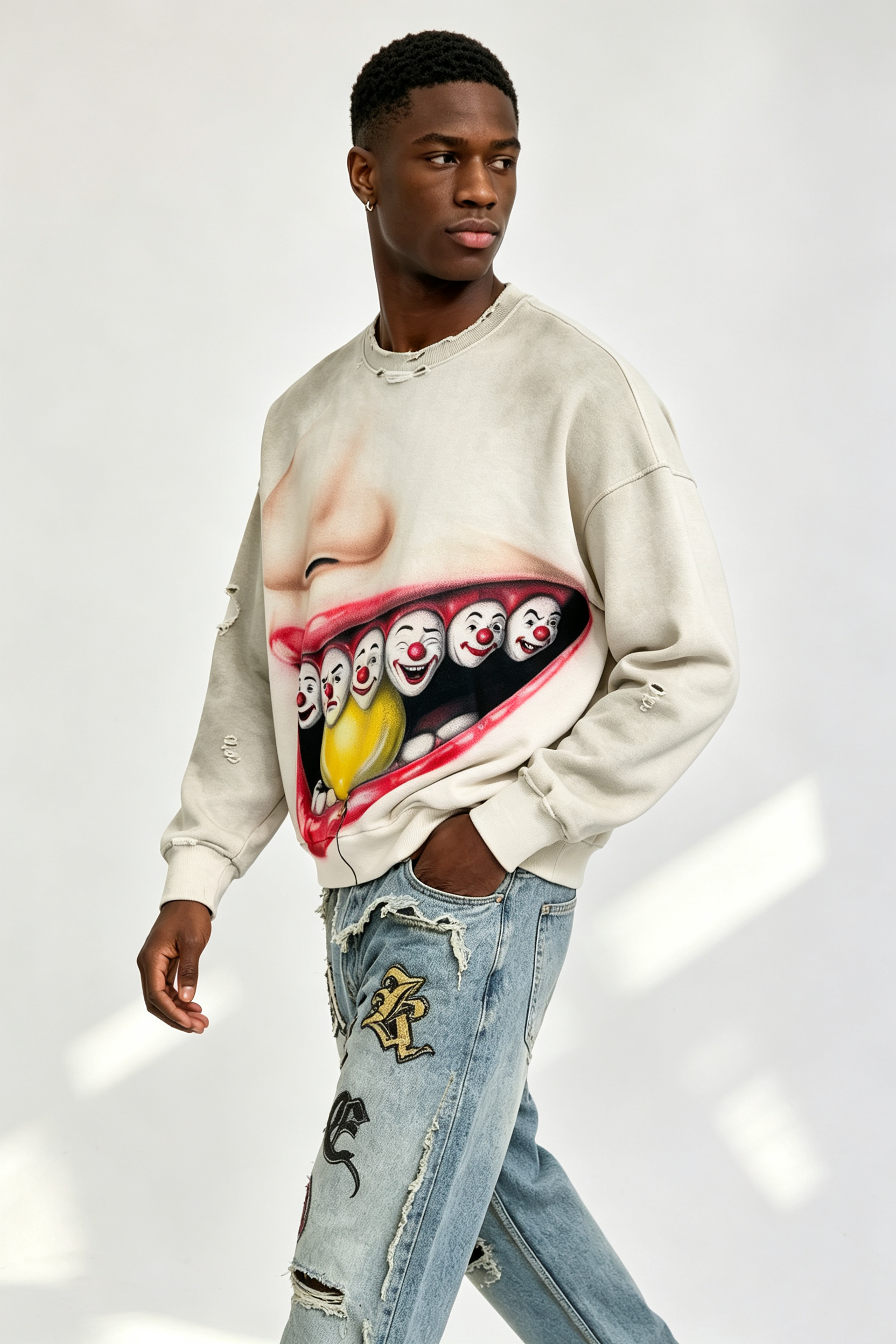 Custom Off White Crewneck Sweatshirt | Men Oversized Cropped Raglan Sleeve Clown Mouth Graphic Print Streetwear Jumper