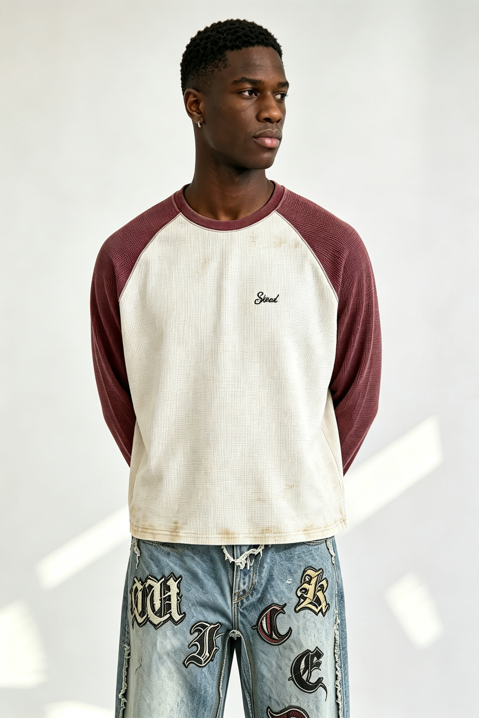 Custom Burgundy Off White Waffle Raglan Long Sleeve Tee | Men Cropped Boxy Vintage Embroidered Streetwear Top
