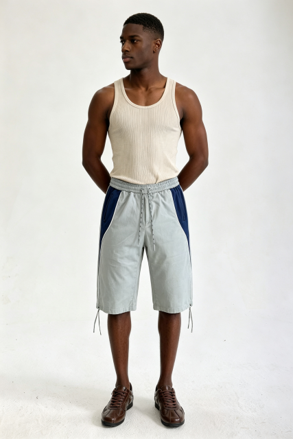 Custom Grey Navy Color Block Side Panel Drawstring Knee Length Shorts | Men Relaxed Wide Leg Streetwear Sports Shorts