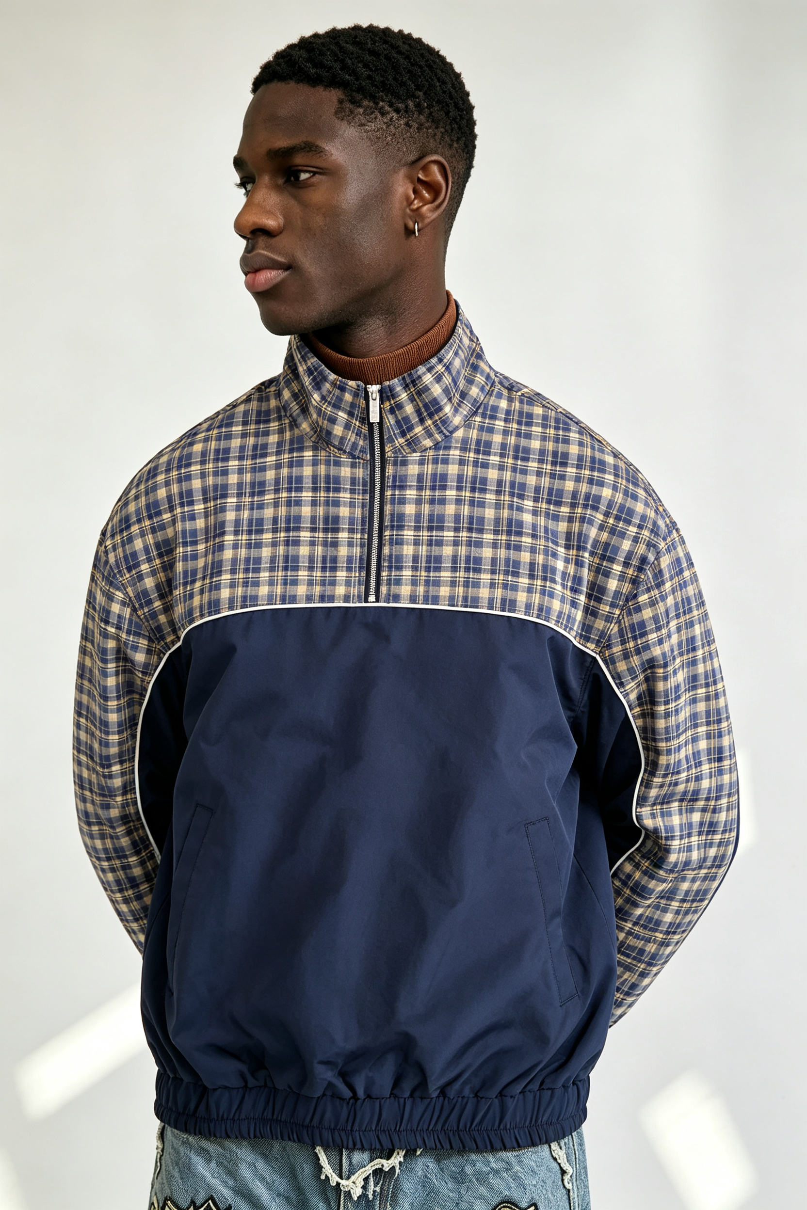 Custom Navy Blue Yellow Plaid Panel Half Zip Windbreaker Jacket | Men Retro Stand Collar Oversized Streetwear Pullover