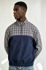 Custom Navy Blue Yellow Plaid Panel Half Zip Windbreaker Jacket | Men Retro Stand Collar Oversized Streetwear Pullover