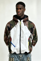 Custom Camo Off-White Color Block Hooded Windbreaker Jacket | Men Neon Zipper Accents Technical Streetwear Anorak