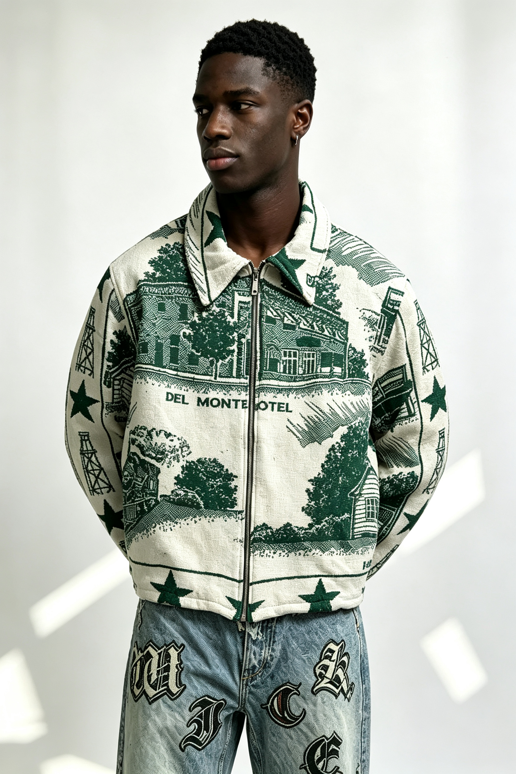 Custom El Monte Motel Green Scenic Tapestry Jacquard Zip Jacket | Men Vintage Townscape Woven Graphic Collared Streetwear Jacket