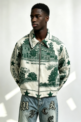 Custom El Monte Motel Green Scenic Tapestry Jacquard Zip Jacket | Men Vintage Townscape Woven Graphic Collared Streetwear Jacket