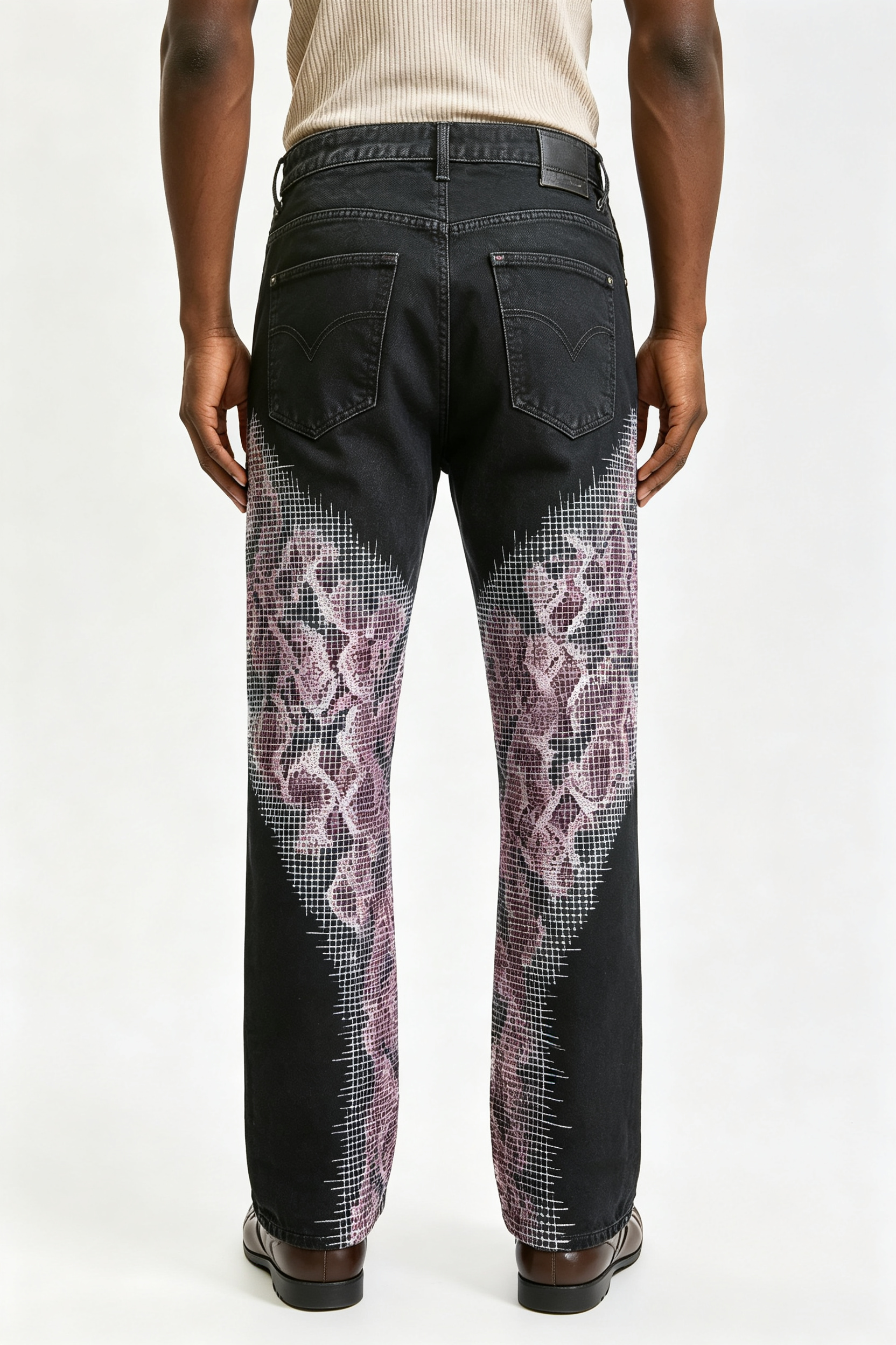 Custom Black Flare Jeans with Pixel Gradient Snake Print | Men Retro Wide Leg Streetwear Graphic Denim Pants