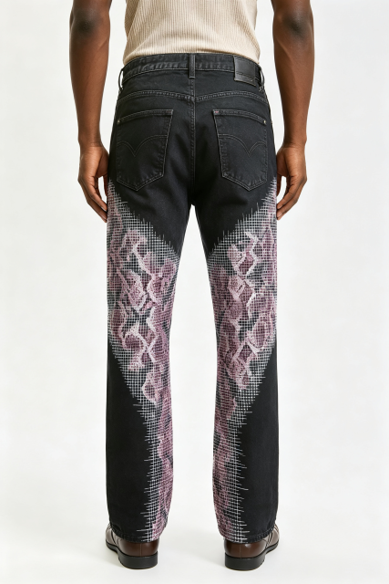 Custom Black Flare Jeans with Pixel Gradient Snake Print | Men Retro Wide Leg Streetwear Graphic Denim Pants